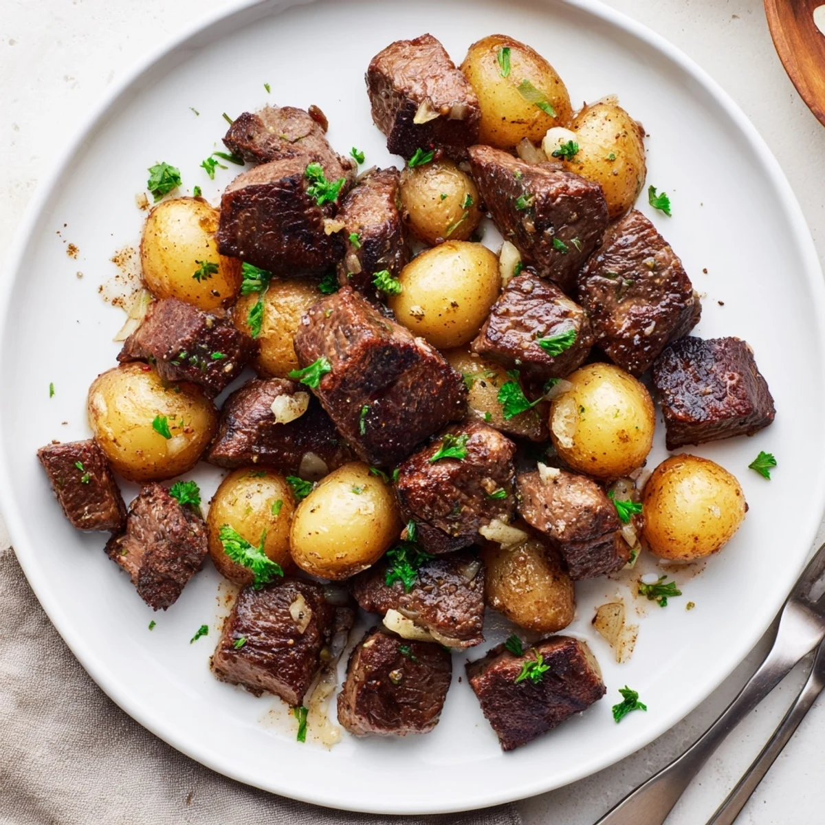 Close up Garlic Steak Bites and Potatoes Recipe shows browned steak, buttery garlic gloss