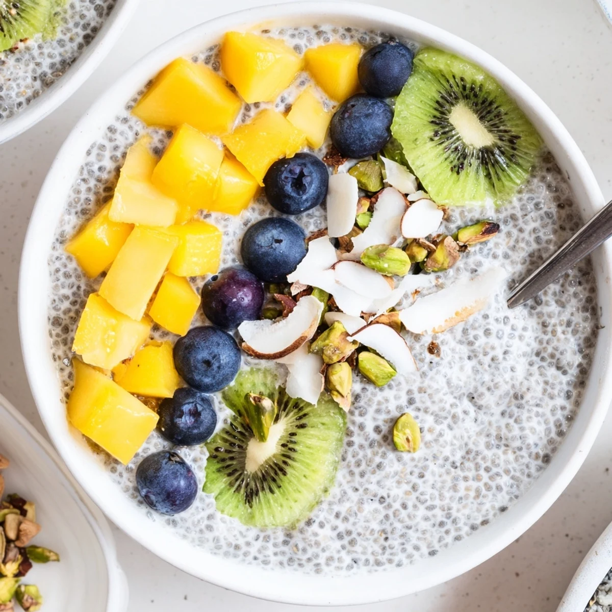 Chilled Coconut Chia Pudding in glass jar, silky texture, berry garnish