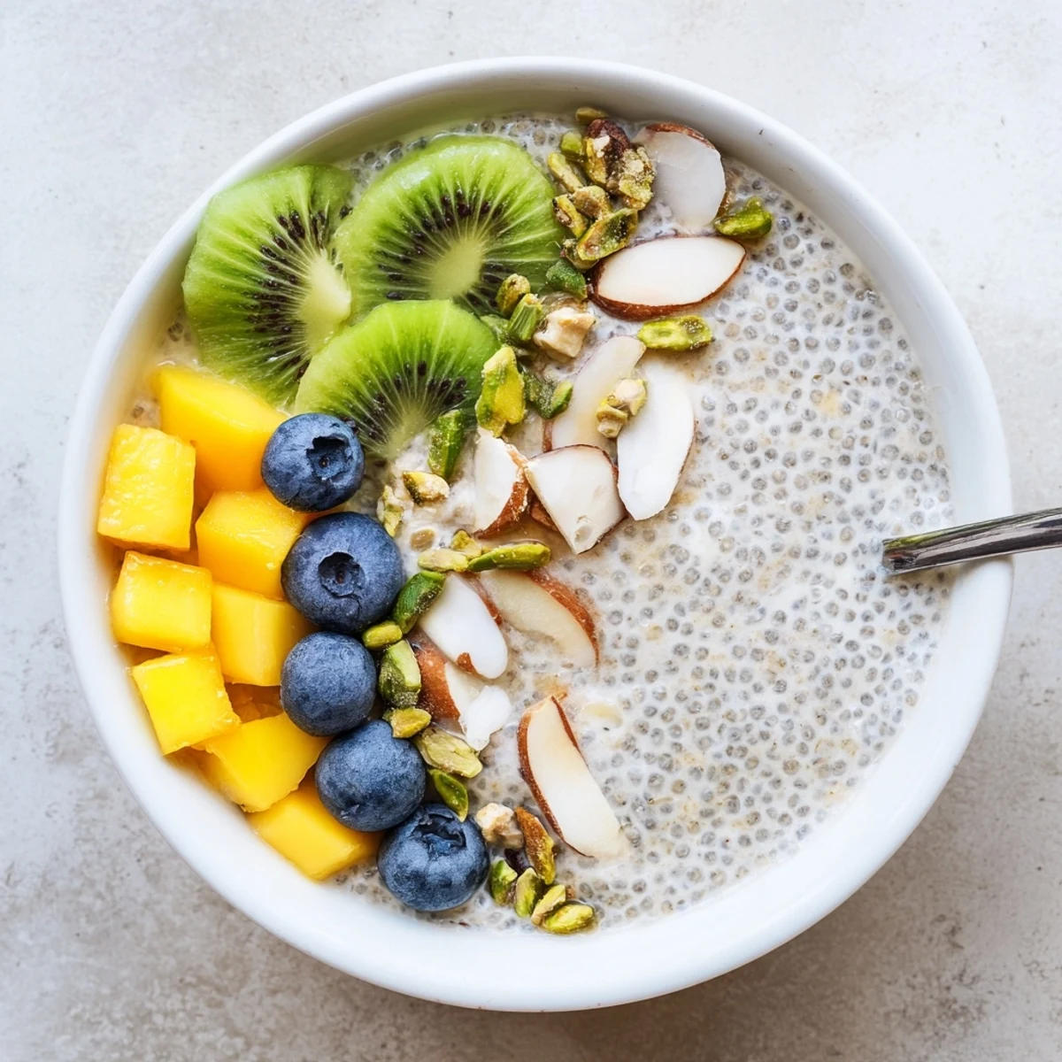 Coconut Chia Pudding in small bowl, spoon-ready, sprinkled with chopped almonds