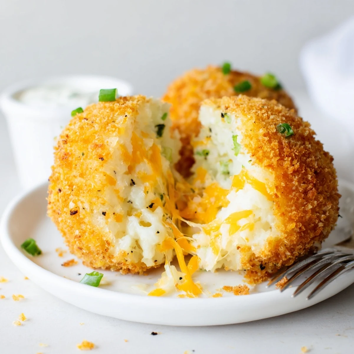 Golden Fried Mashed Potato Balls piled on plate, crispy exterior, cheesy interior