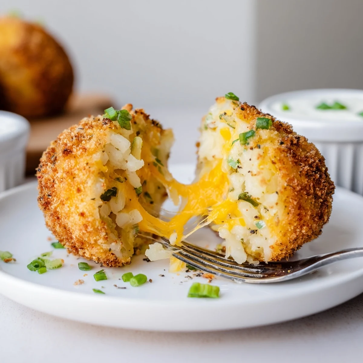 Crispy Fried Mashed Potato Balls with scallions, served hot beside ranch dip