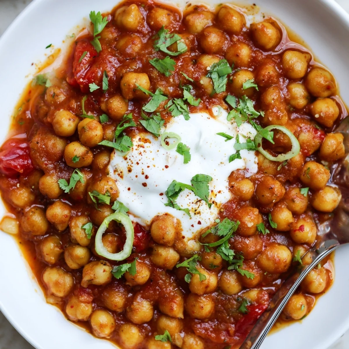 Creamy Greek Yogurt Chickpea Curry steaming in skillet, topped with bright cilantro.