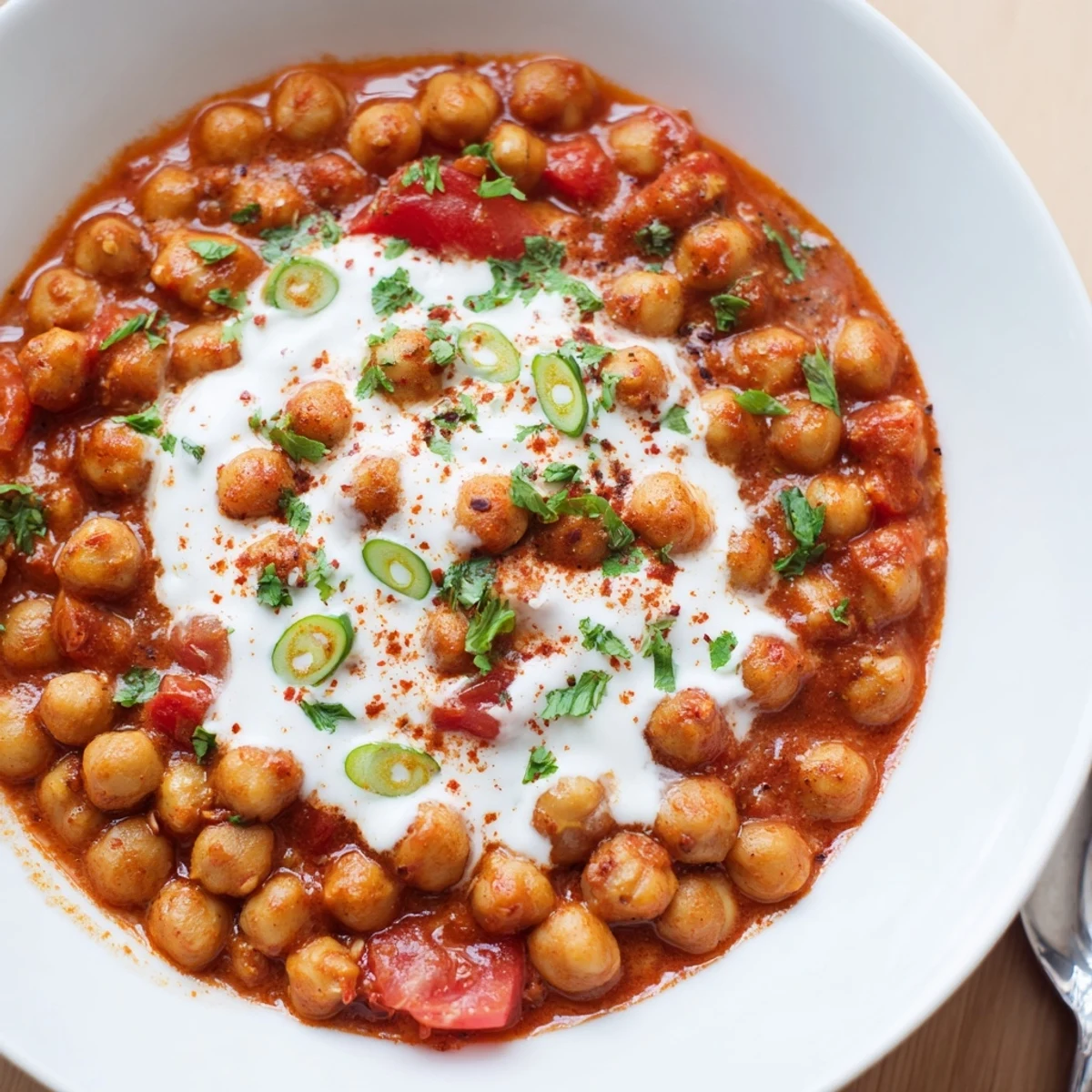 Hearty Greek Yogurt Chickpea Curry spoonful over basmati rice, aromatic spices wafting.