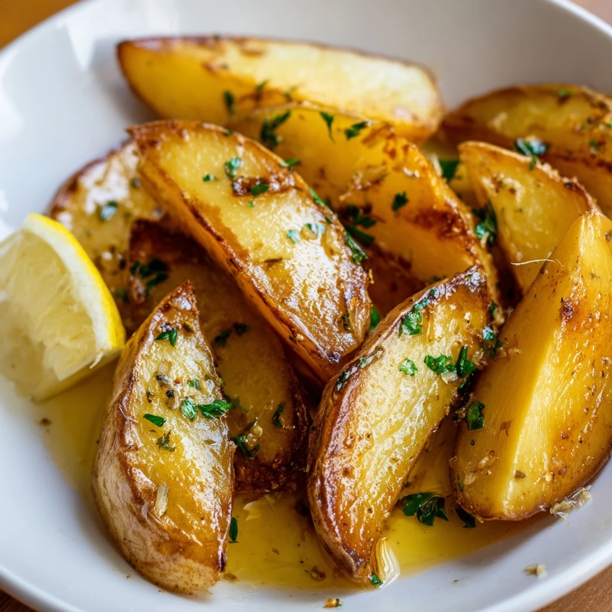 Authentic Greek Lemon Potatoes Recipe showing crispy golden wedges tossed in lemon-herb juices