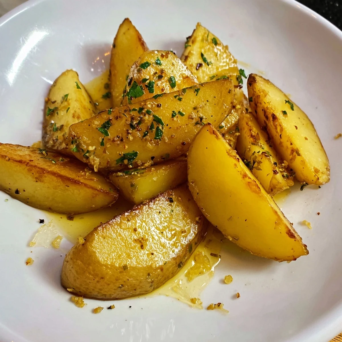 Oven-roasted Authentic Greek Lemon Potatoes Recipe served hot with parsley and lemon