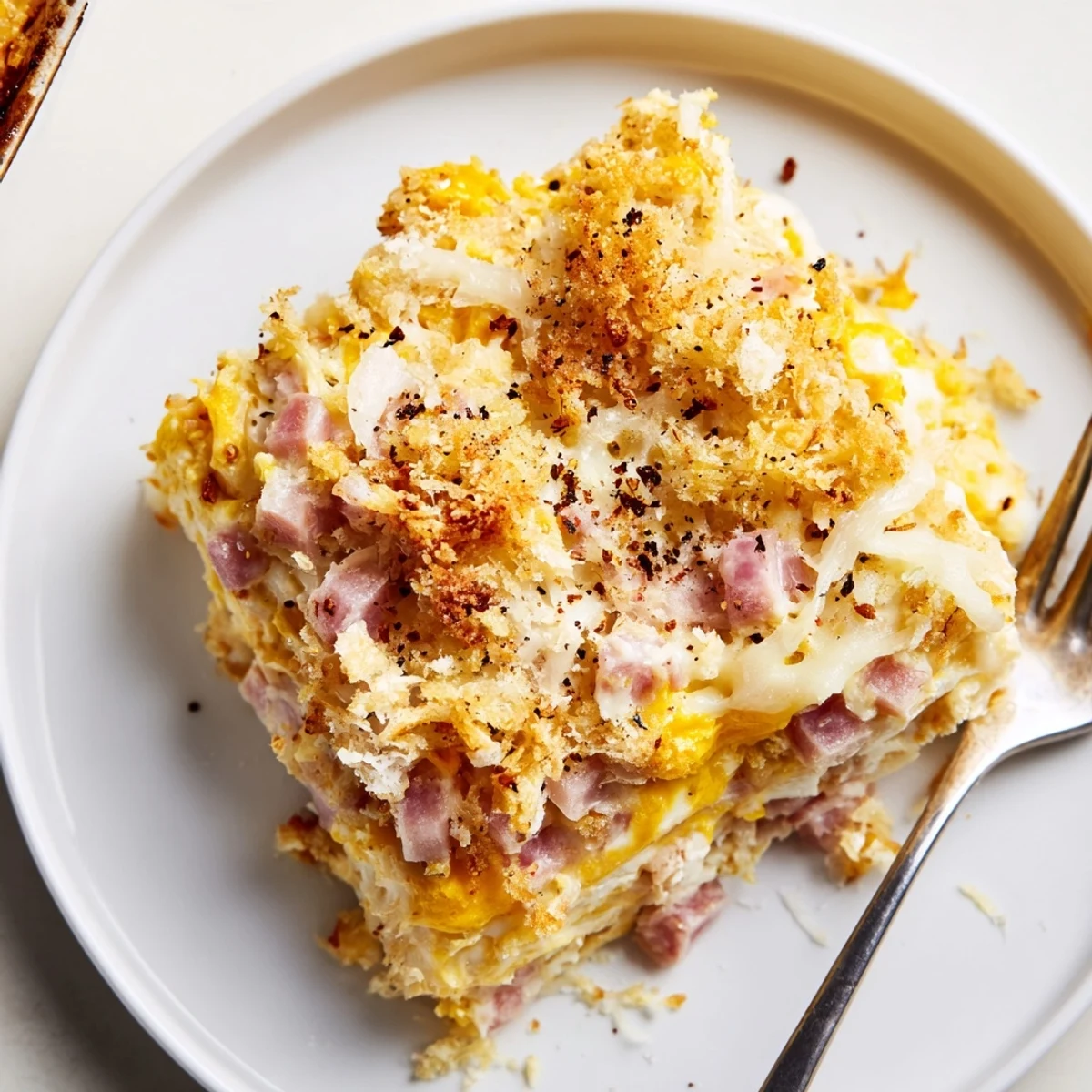 Creamy Dijon sauce layered in Chicken Cordon Bleu Casserole, resting before serving