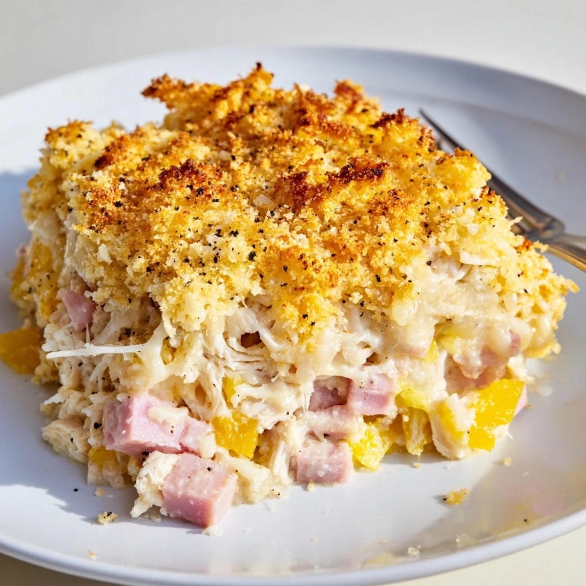 Slices of hearty Chicken Cordon Bleu Casserole steaming, served with crisp green salad