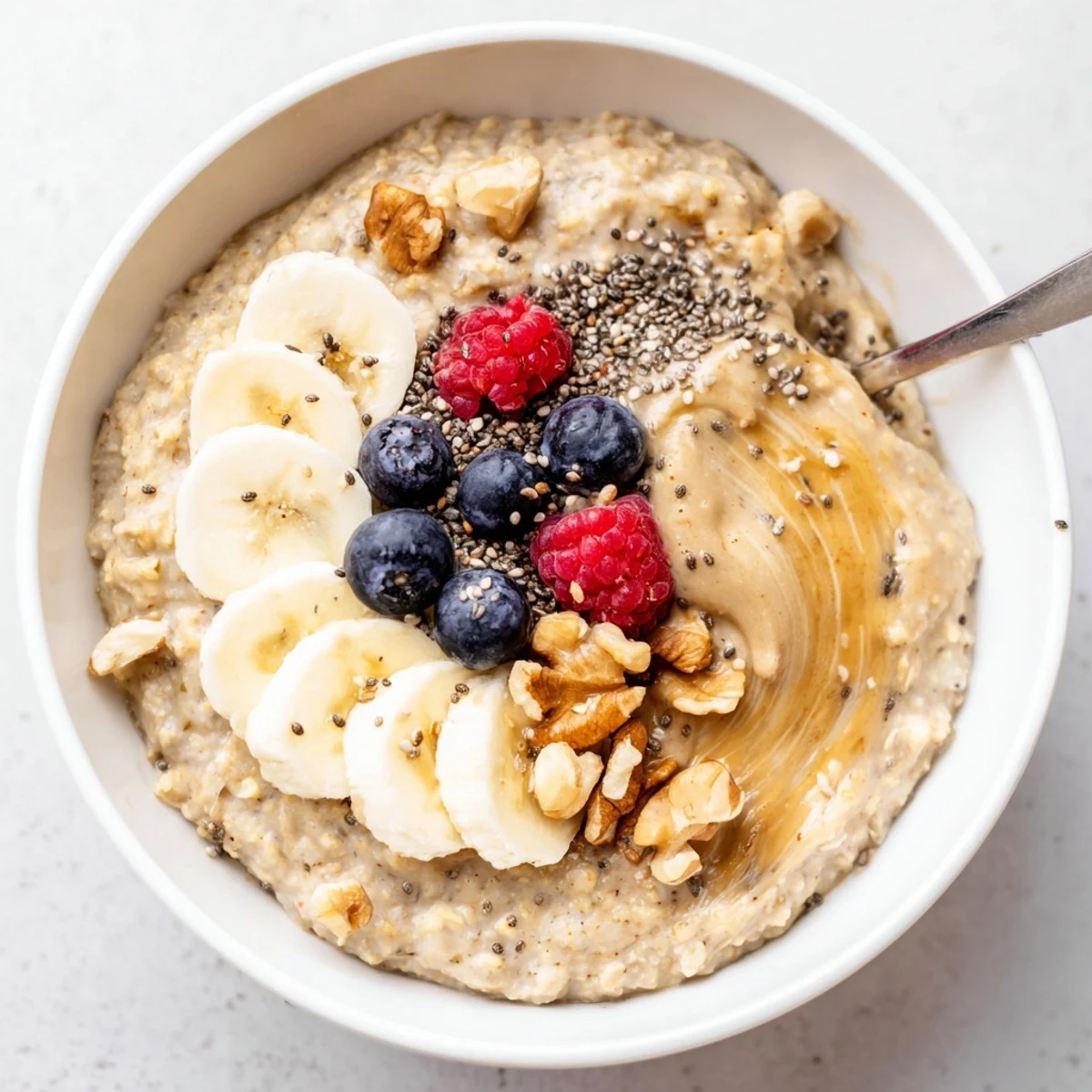 Creamy Protein Oatmeal topped with sliced banana, nuts, and fresh berries.