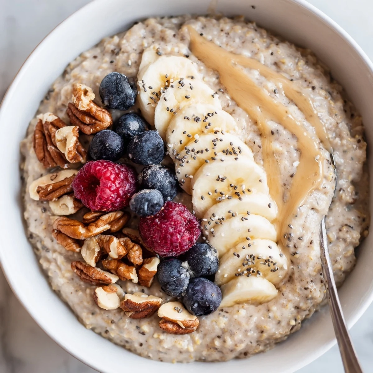 Warm Protein Oatmeal stirred smooth, vanilla-scented, ideal for quick breakfasts.