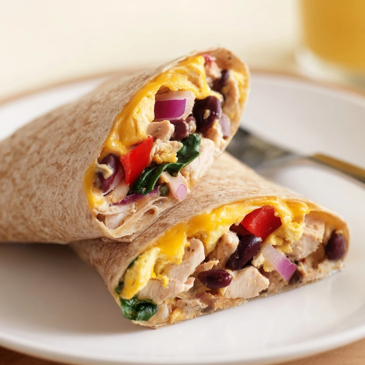 Protein Breakfast Burrito with melted cheddar, turkey, and sautéed peppers.