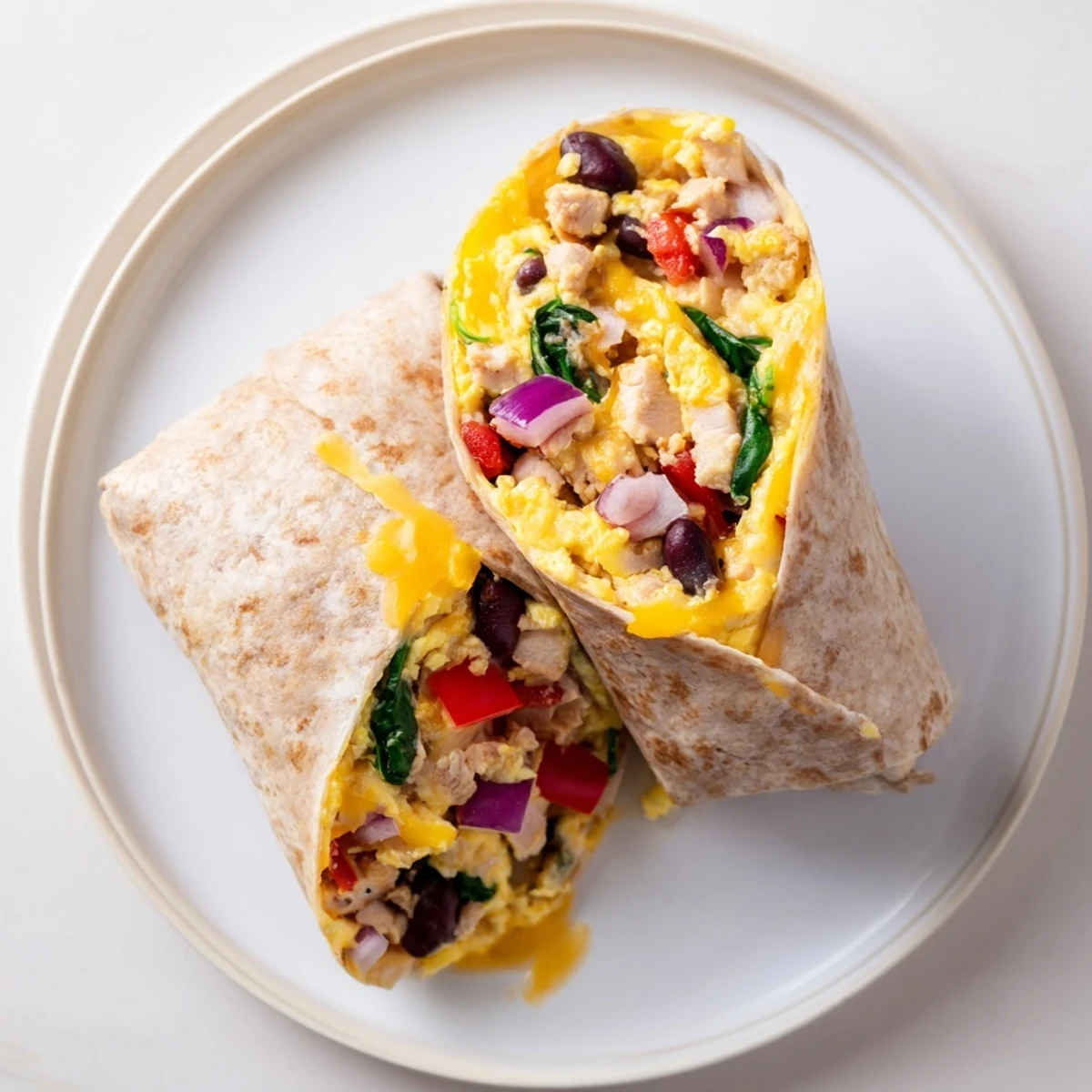 Hearty Protein Breakfast Burrito wrapped in warm whole wheat tortilla, salsa.