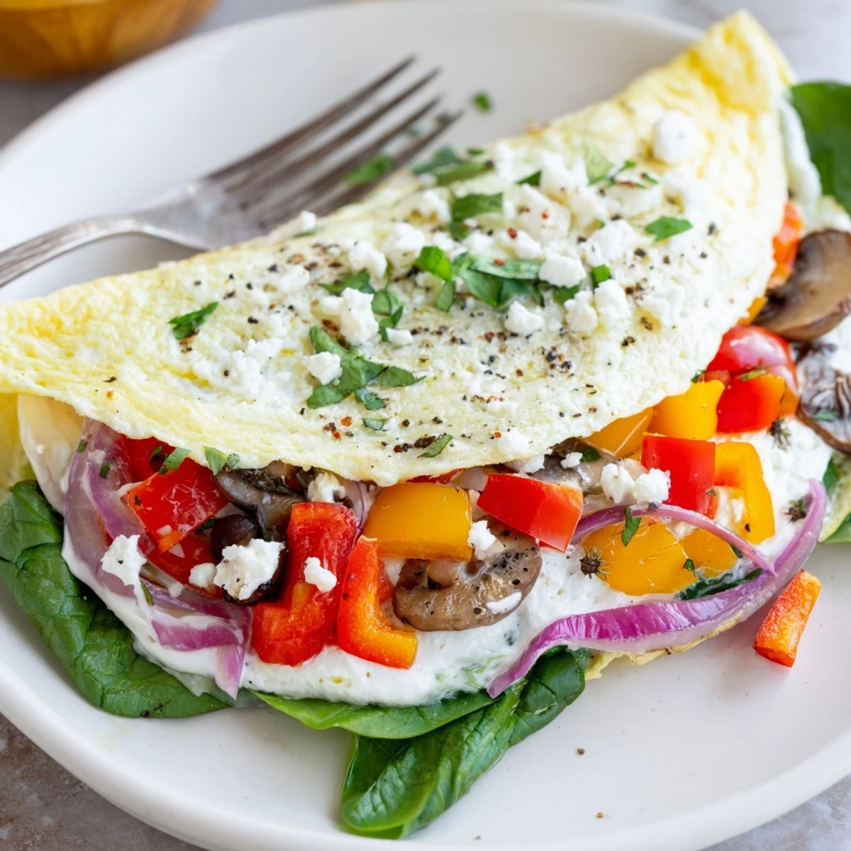 Egg White Omelette with Vegetables topped with crumbled feta, steaming on plate