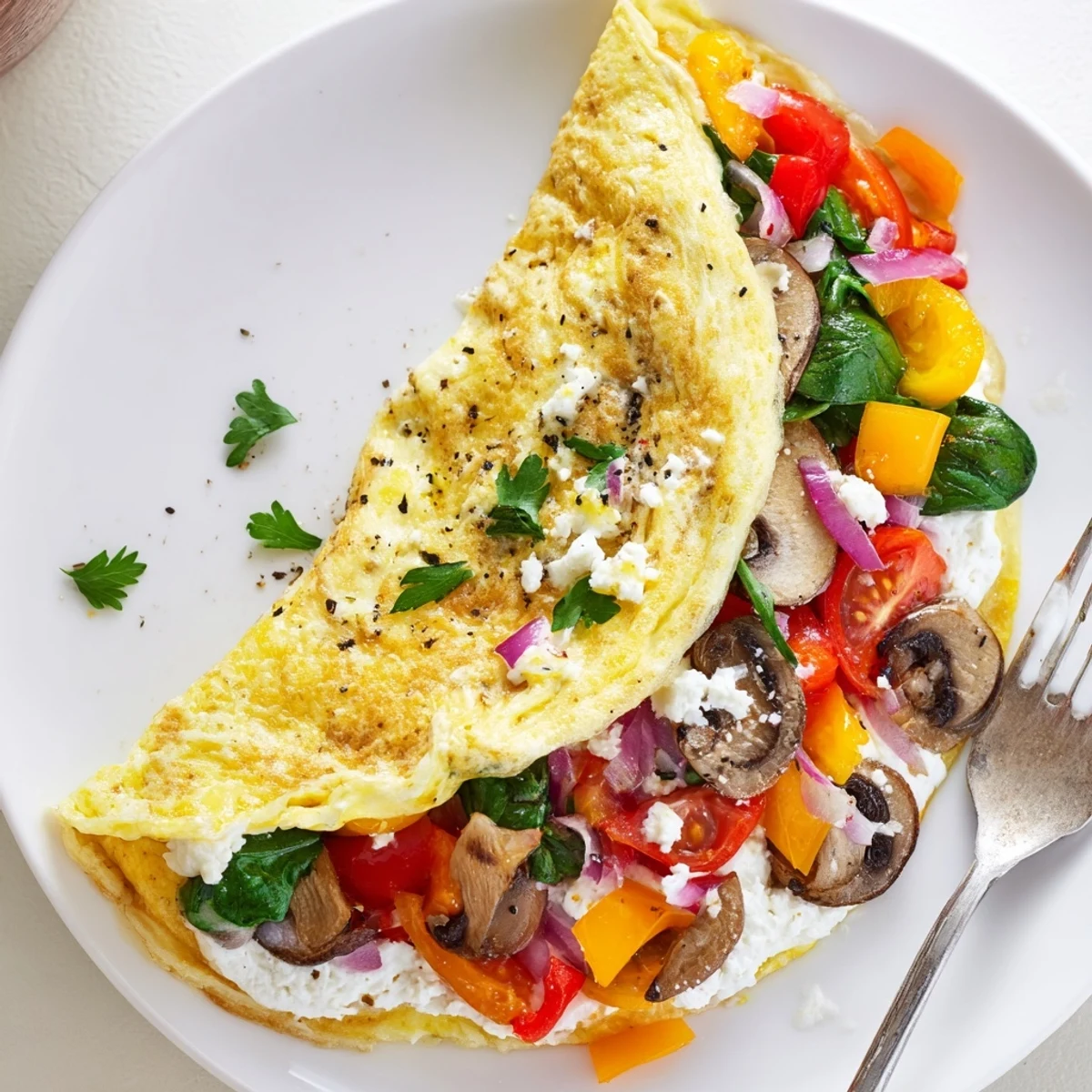 Bright Egg White Omelette with Vegetables folded over sauteed peppers and spinach