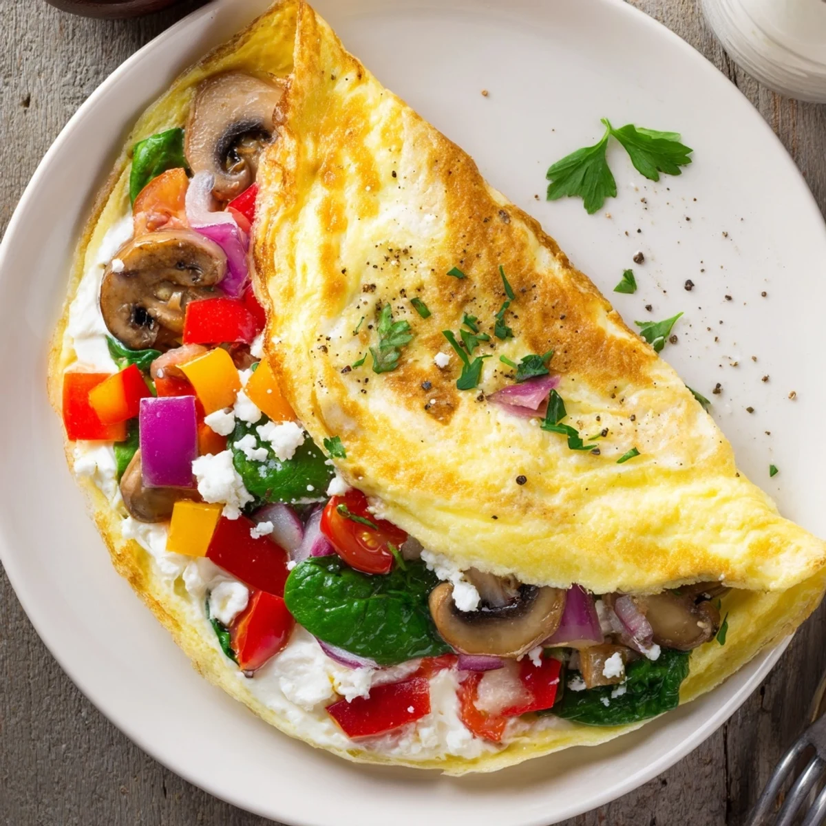 Morning Egg White Omelette with Vegetables served alongside whole grain toast and parsley