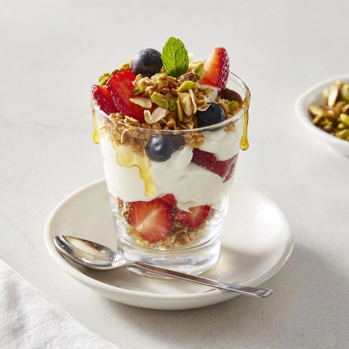 Greek Yogurt Parfait layered with creamy yogurt, vibrant berries, and crunchy granola.