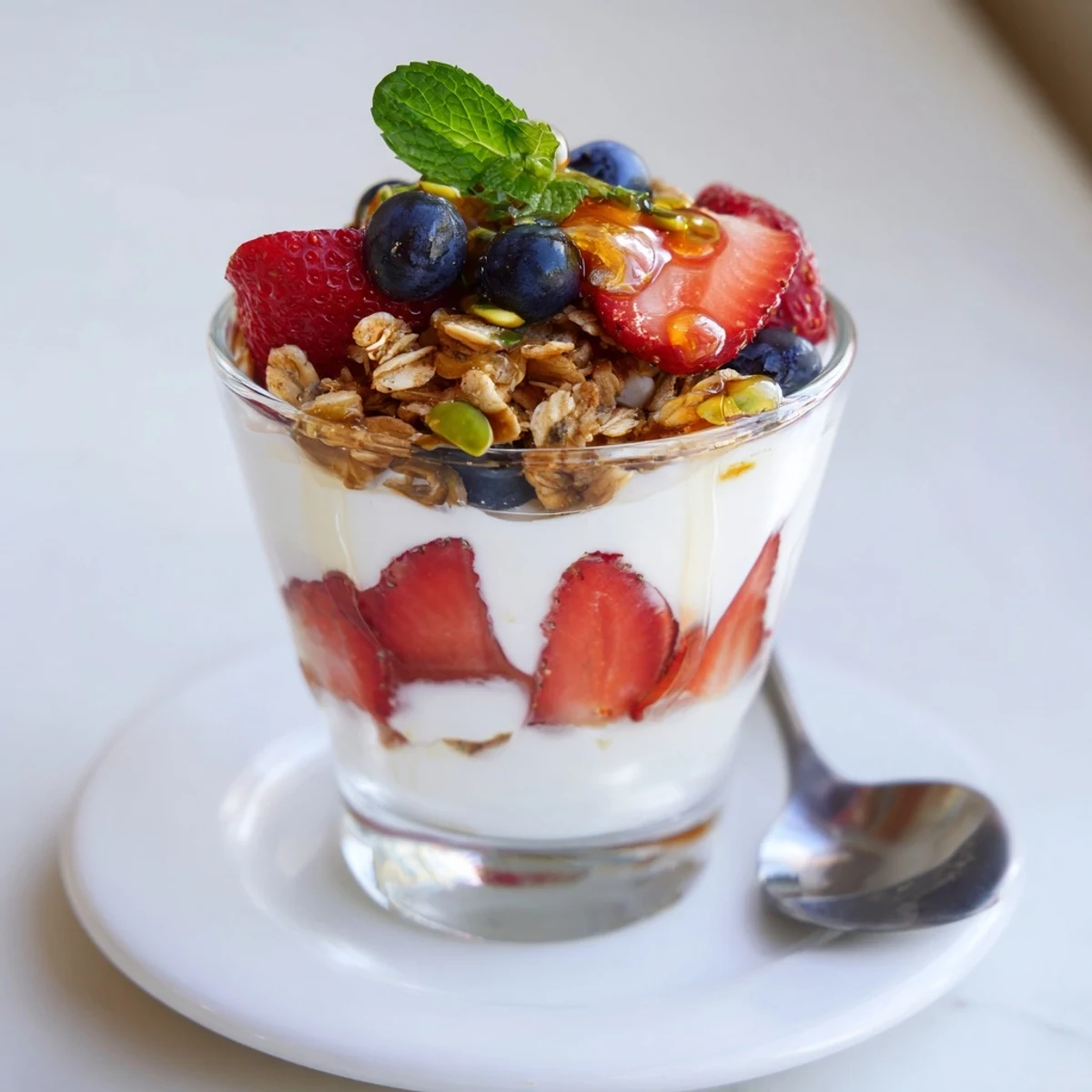Chilled Greek Yogurt Parfait in glass jar, tangy fruit and honey drizzle.