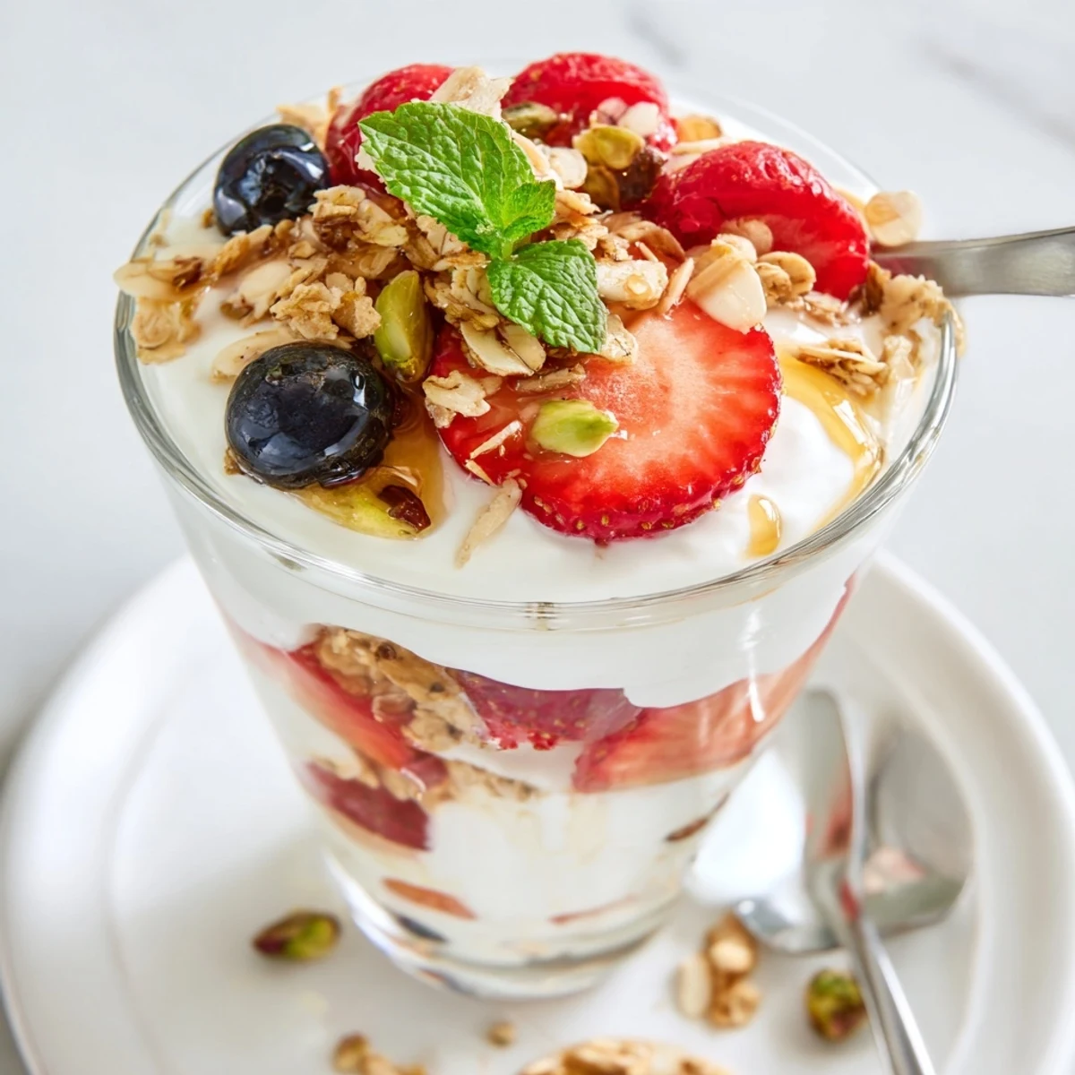 Bright Greek Yogurt Parfait topped with mint and chopped nuts, ready for breakfast.