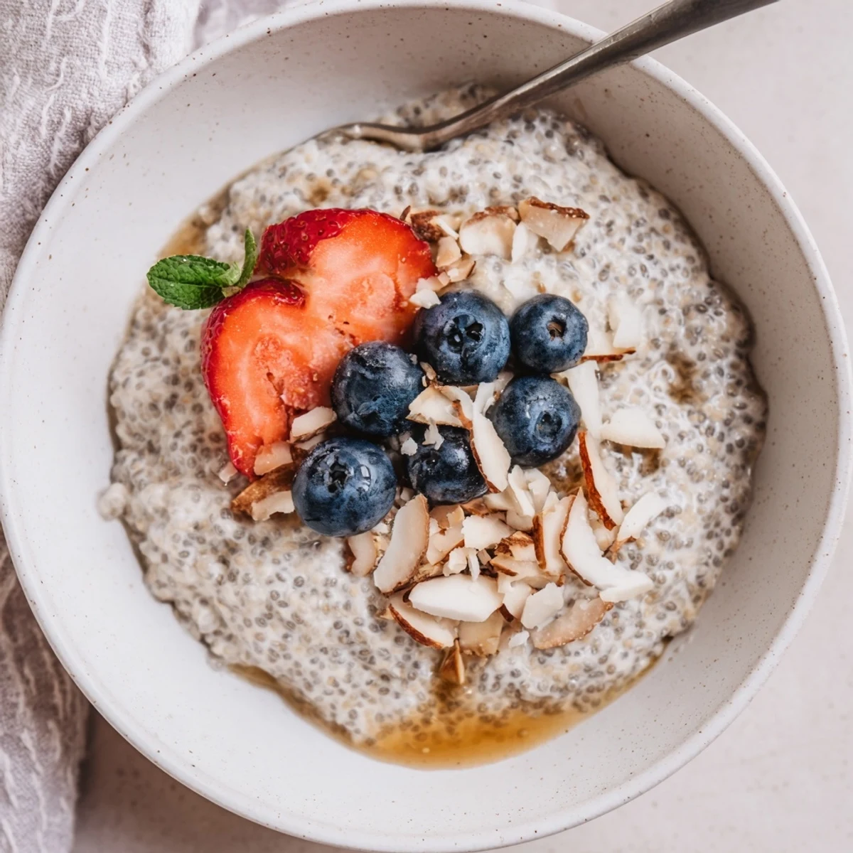 Chia Seed Pudding topped with fresh berries and mint, creamy chilled breakfast.