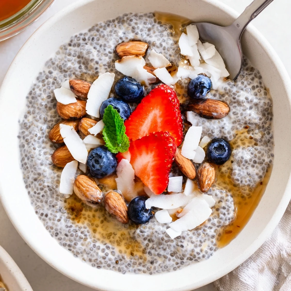 Velvety Chia Seed Pudding spoonful showing tapioca-like texture with maple syrup.