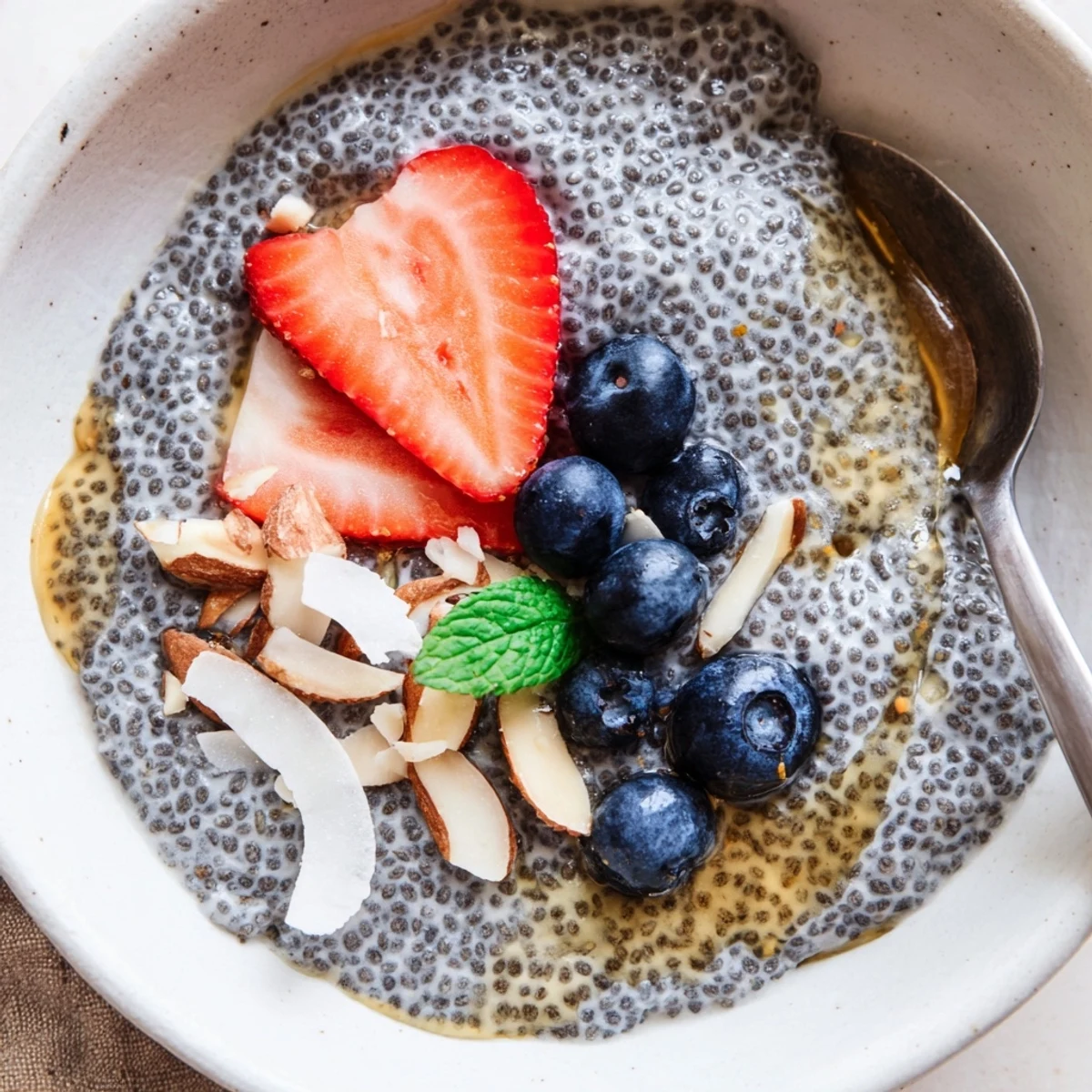Glass jars of Chia Seed Pudding garnished with toasted nuts and coconut.