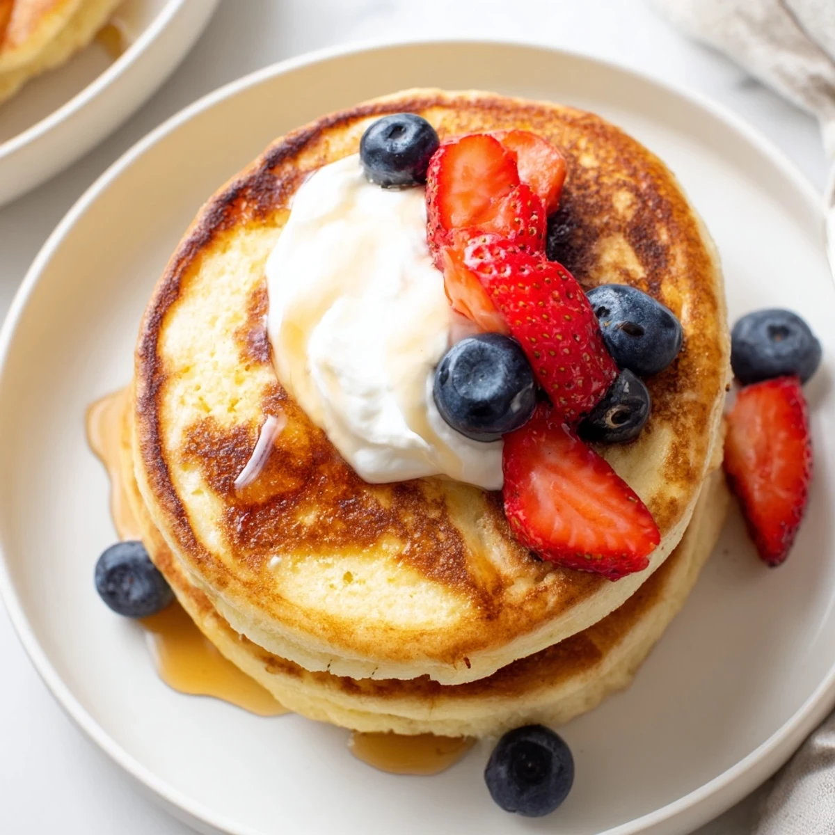 Cottage Cheese Pancakes stacked golden, airy centers, topped with fresh berries  