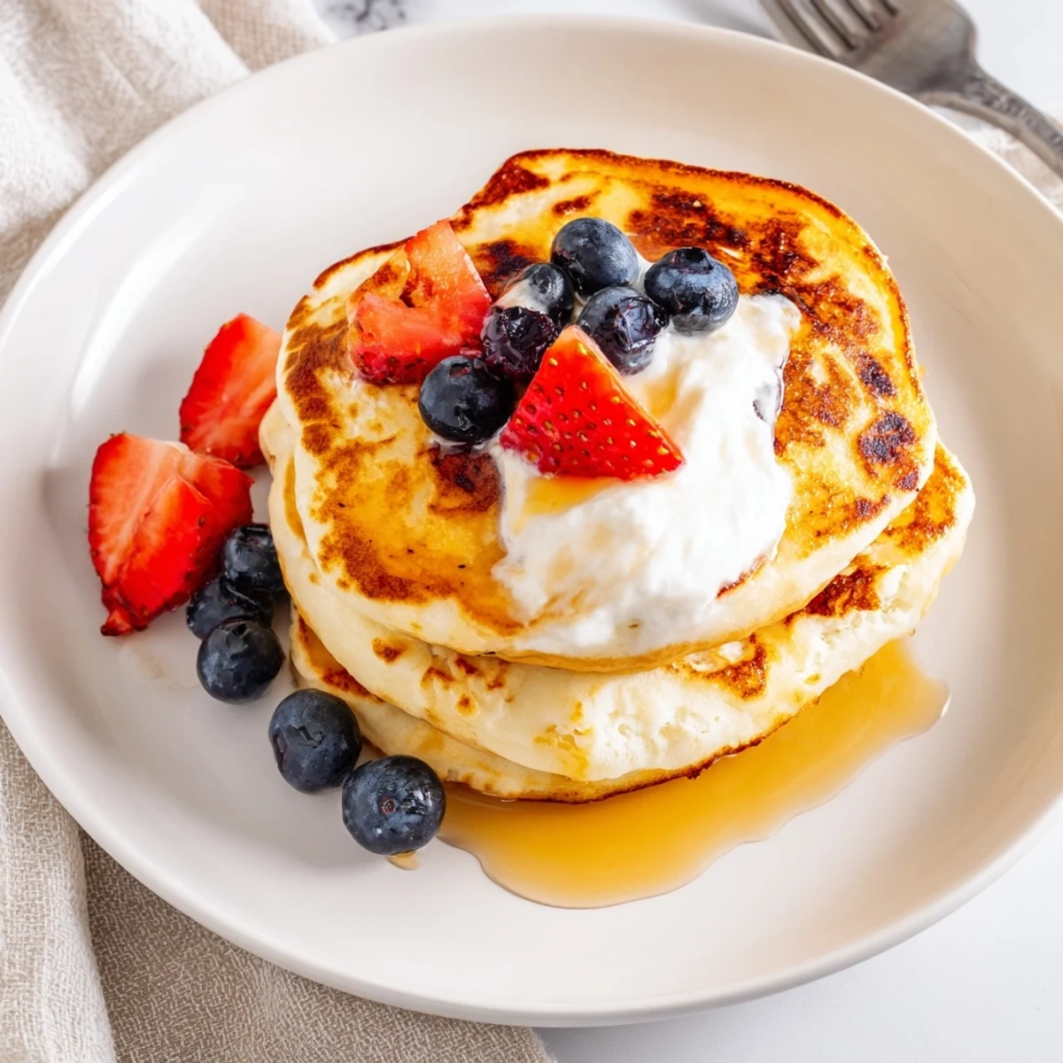 Skillet cooked Cottage Cheese Pancakes, warm buttery edges and maple syrup drizzle  