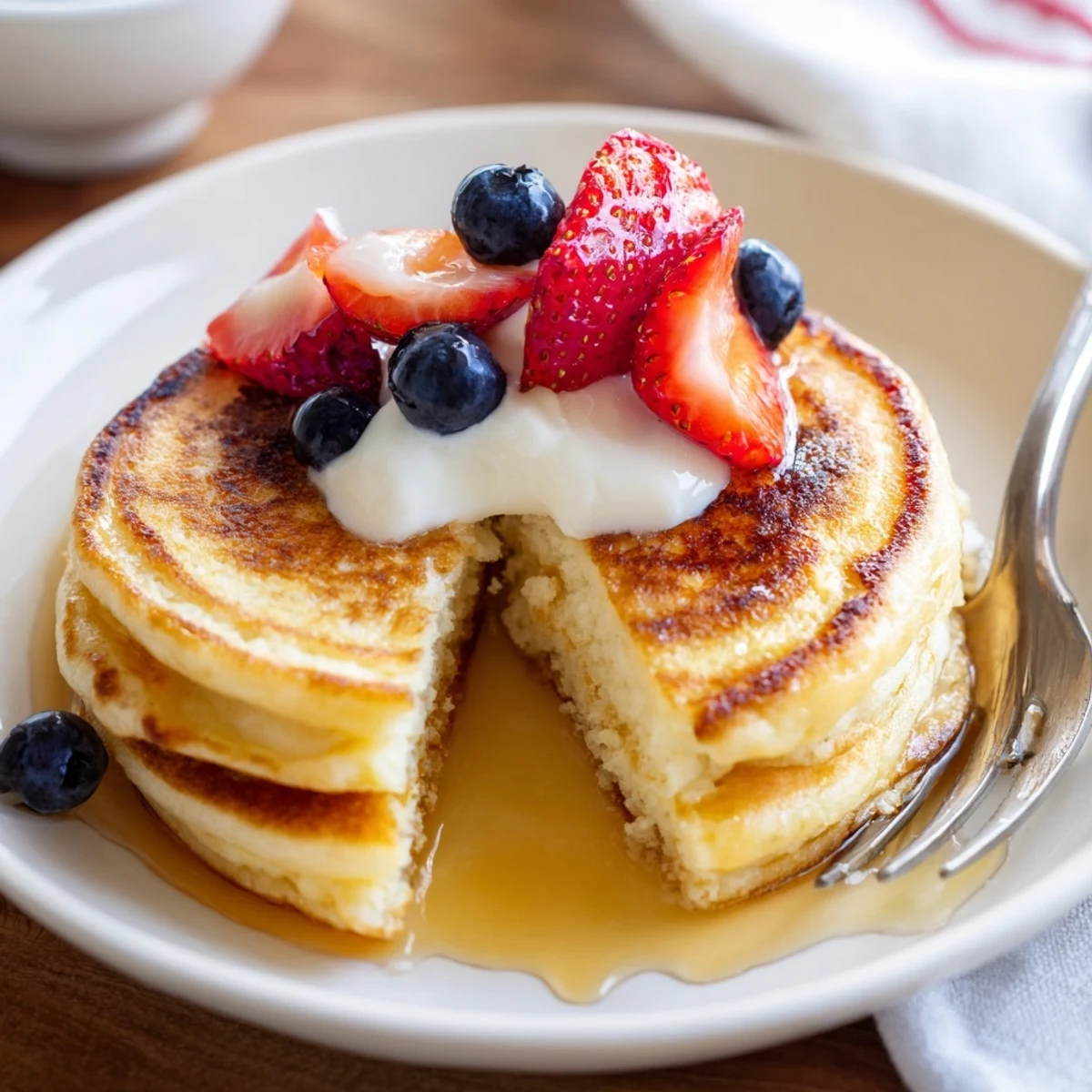 Light, protein-packed Cottage Cheese Pancakes served with Greek yogurt and berries
