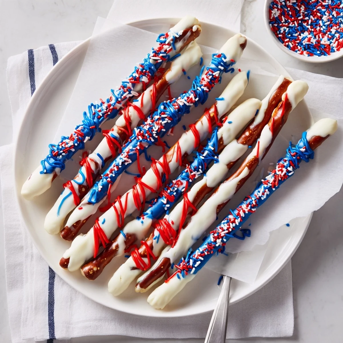 Patriotic Pretzel Rods lined on parchment, glossy candy stripes and crunchy snap