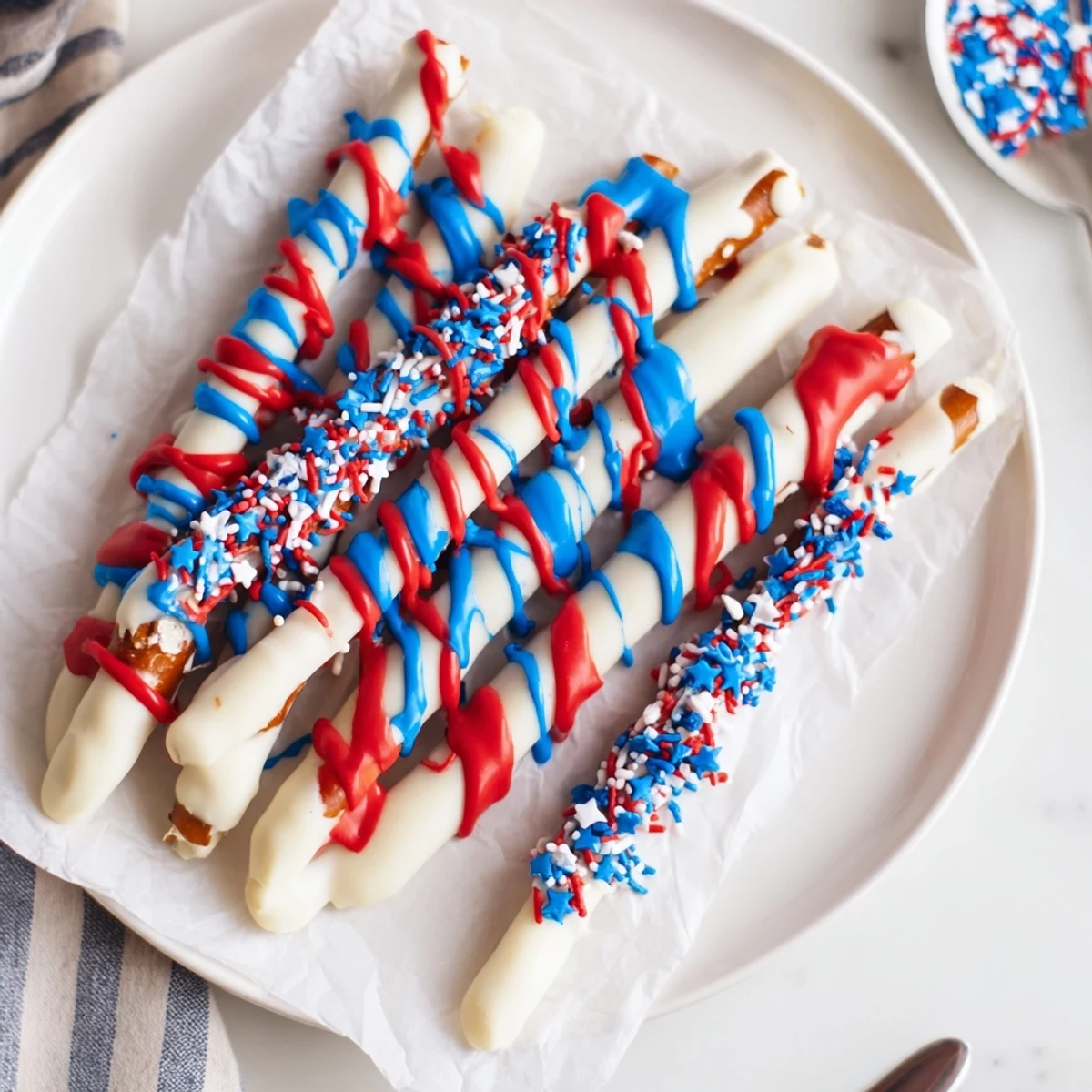 Handheld Patriotic Pretzel Rods drizzled red and blue, sprinkled for parties