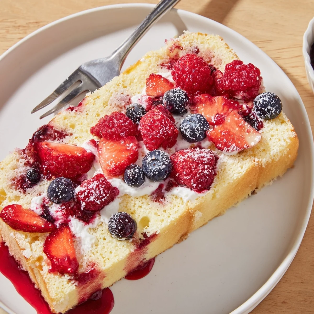 A Summer Berry Poke Cake soaked in glossy berry syrup, topped with whipped cream.