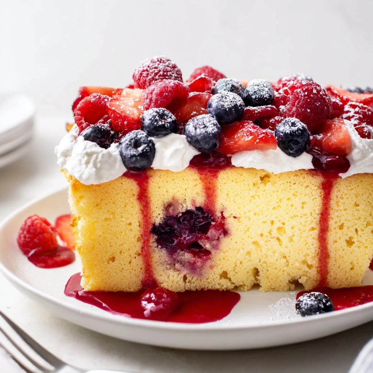 Chilled Summer Berry Poke Cake slice bursting with juicy strawberries and blueberries.