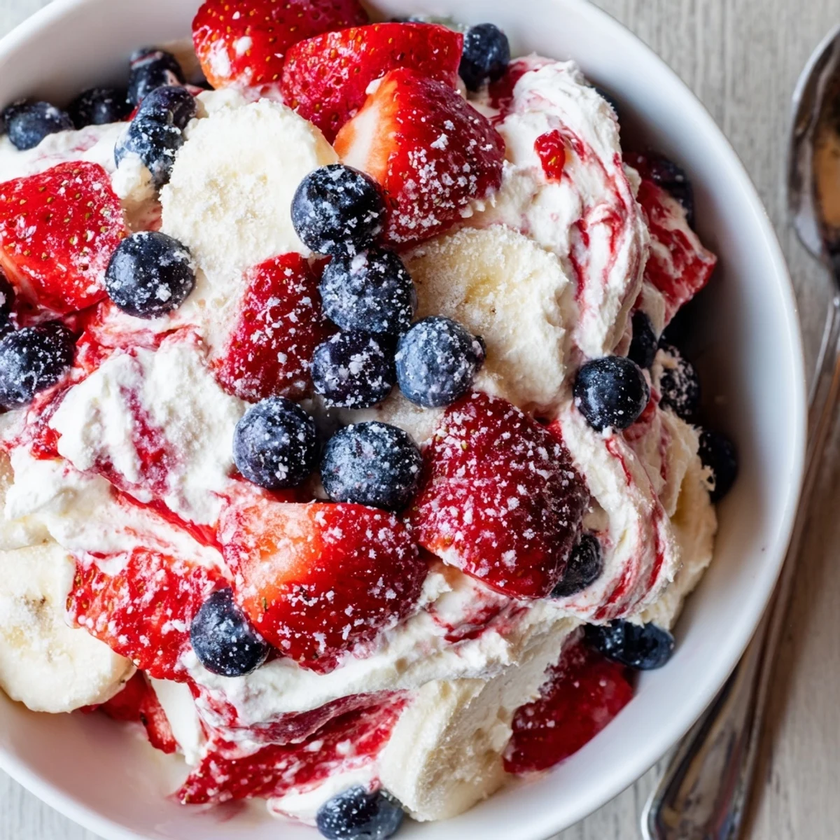 Red White And Blue Cheesecake Salad with fluffy cream, juicy strawberries, blueberries