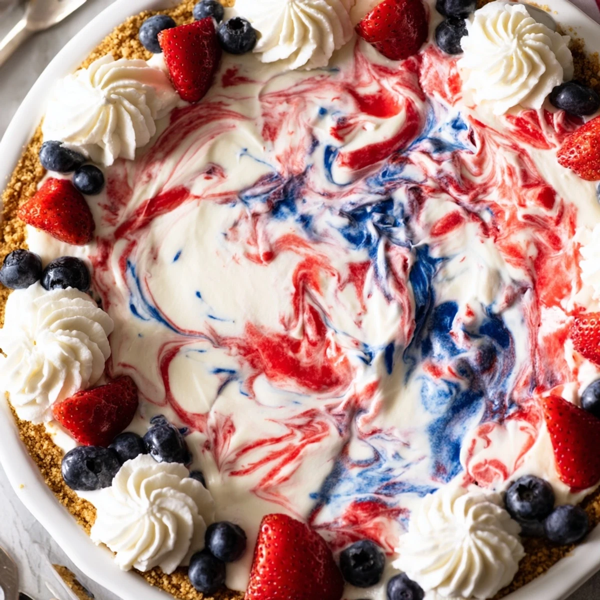 Patriotic Red White And Blue Swirl Pie with silky cream, fresh berries.