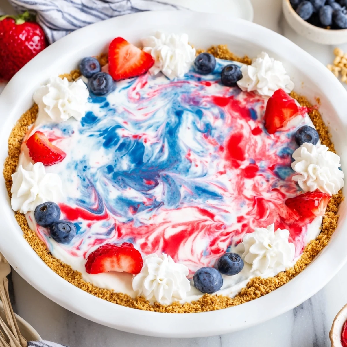 Chilled Patriotic Red White And Blue Swirl Pie with vibrant marbling on graham crust.