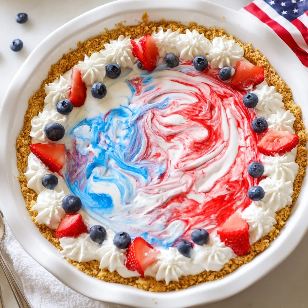 Slice of Patriotic Red White And Blue Swirl Pie served at summer picnic, creamy.