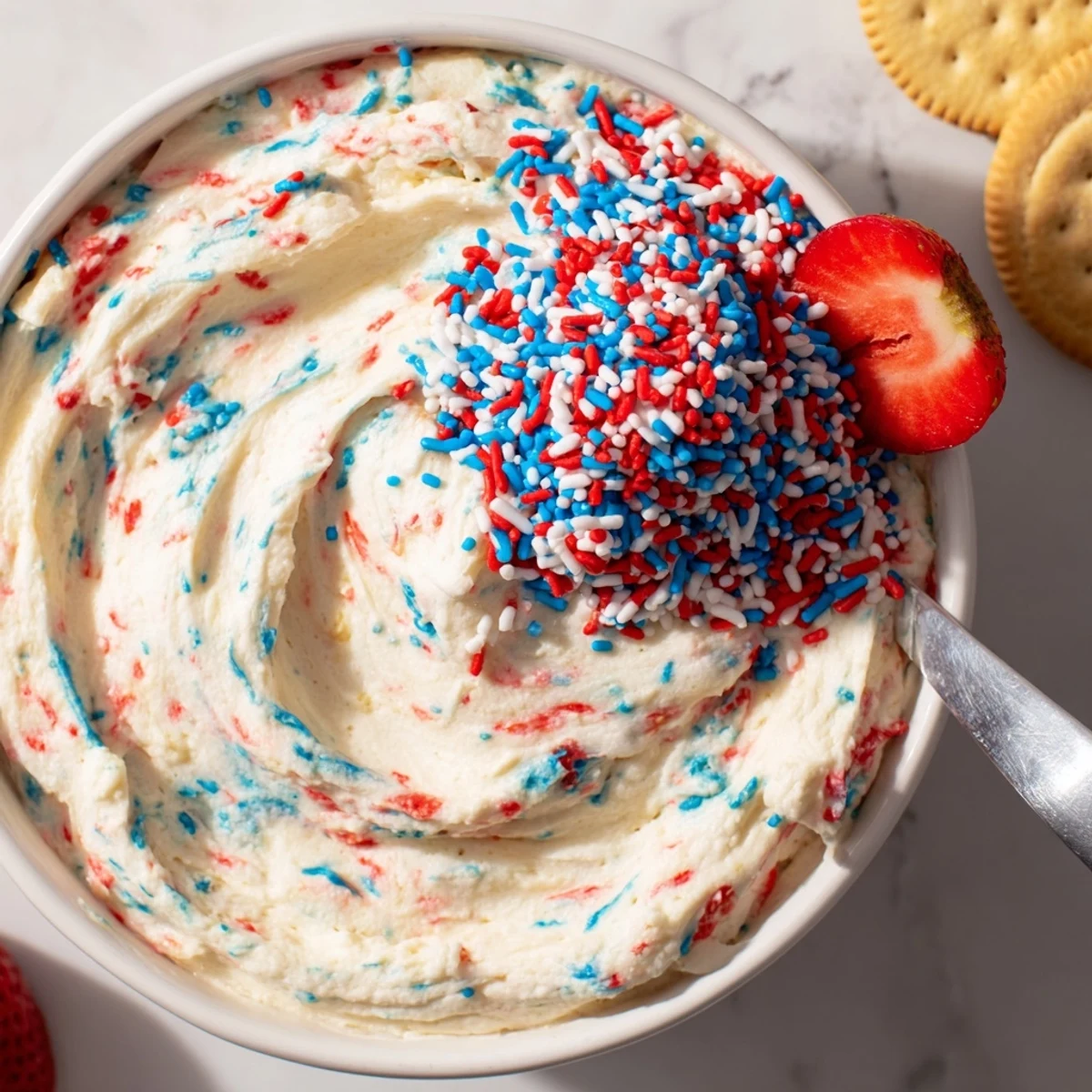 Red White And Blue Funfetti Dip in bowl, creamy vanilla dotted with sprinkles
