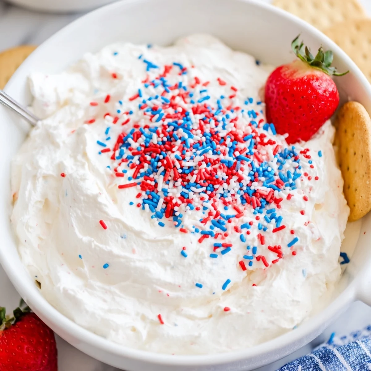 Lightly whipped Red White And Blue Funfetti Dip, fluffy texture, perfect for picnics