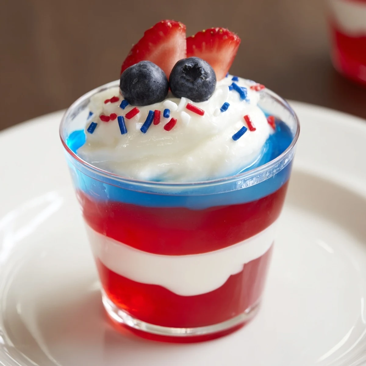 Silky layered Red White And Blue Jello Cups topped with fluffy whipped topping