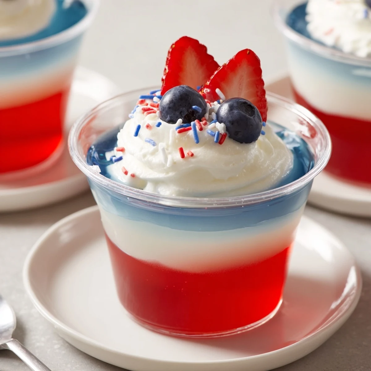 Red White And Blue Jello Cups chilled in clear plastic cups, garnished with berries
