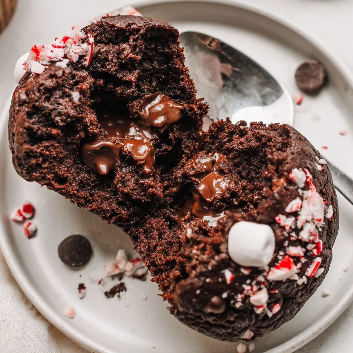 Peppermint Hot Chocolate Muffins resting on a wire rack, glossy chocolate chips  