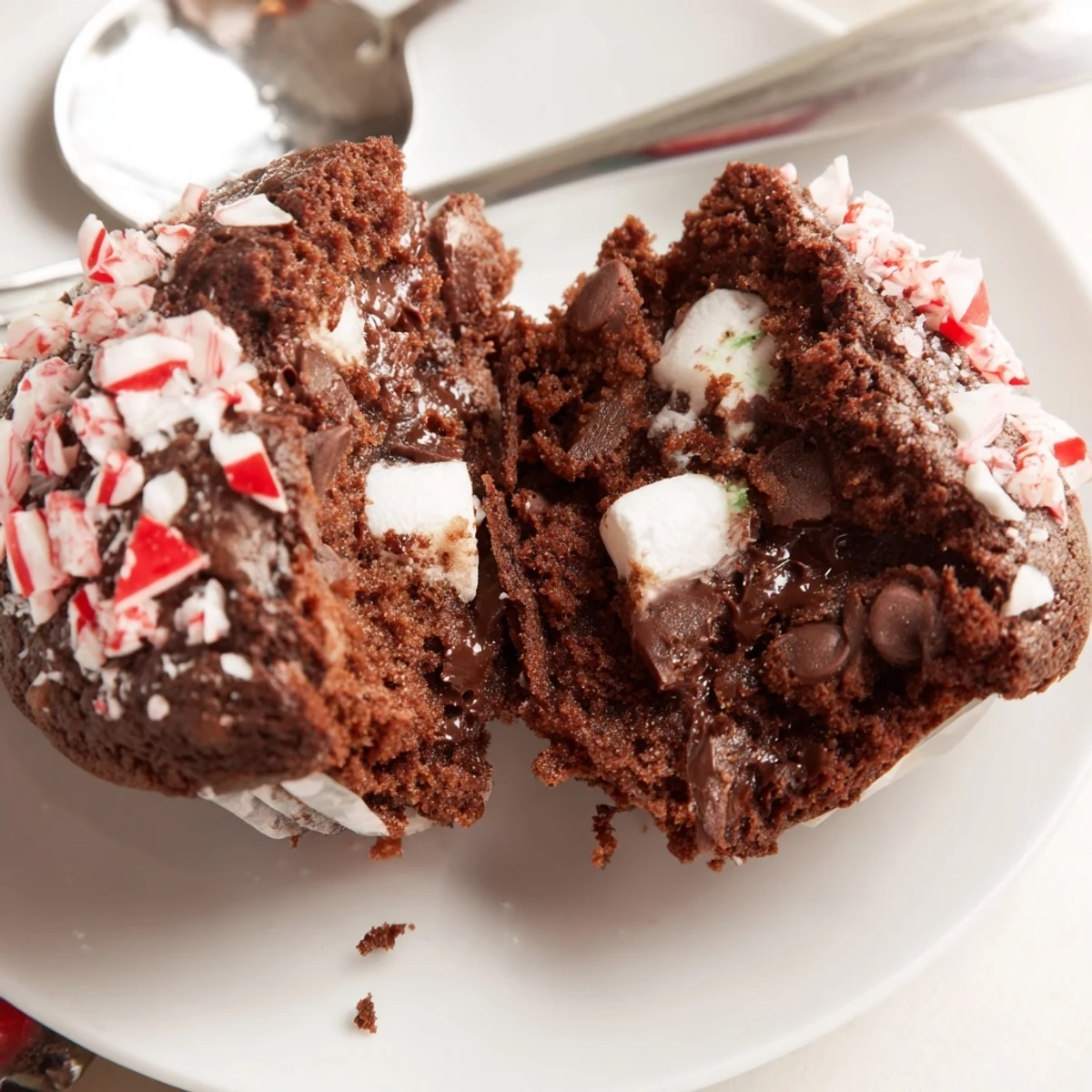 Steaming Peppermint Hot Chocolate Muffins dusted with crushed peppermint and mini marshmallows  