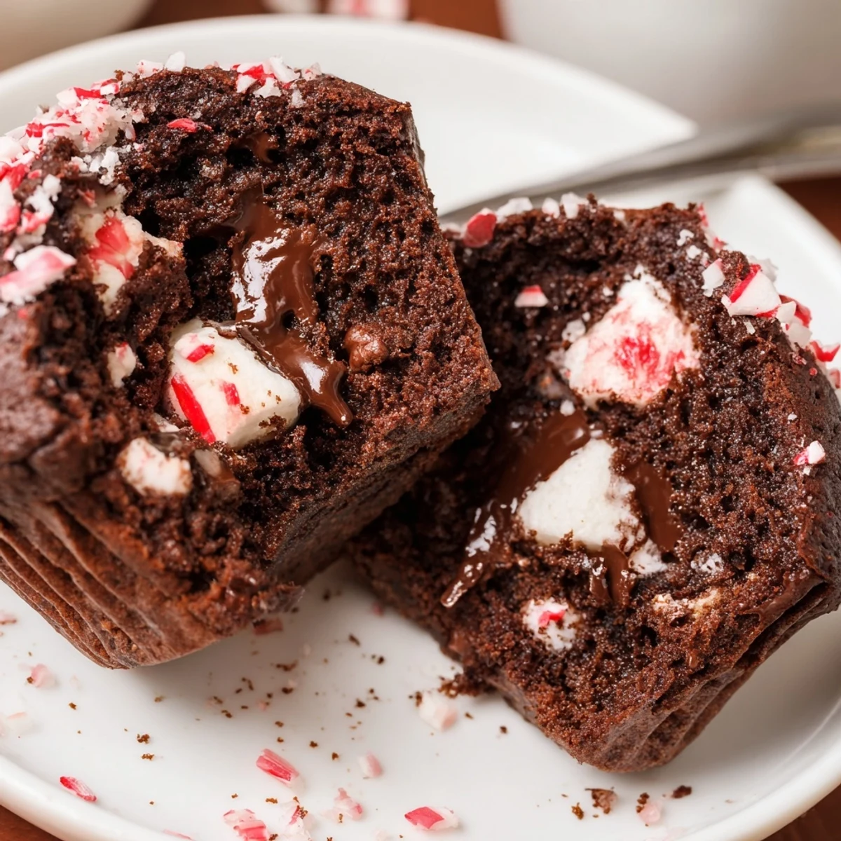 A tray of Peppermint Hot Chocolate Muffins, speckled with melting chocolate chunks