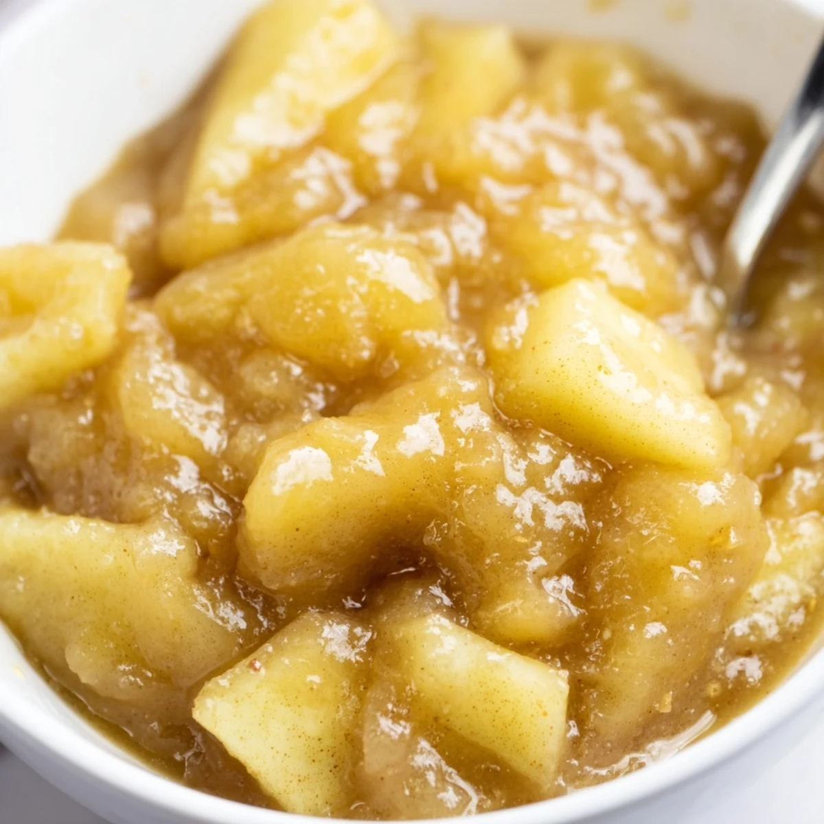 Warm Fall Caramel Apple Jam poured over vanilla yogurt, rustic spoons nearby