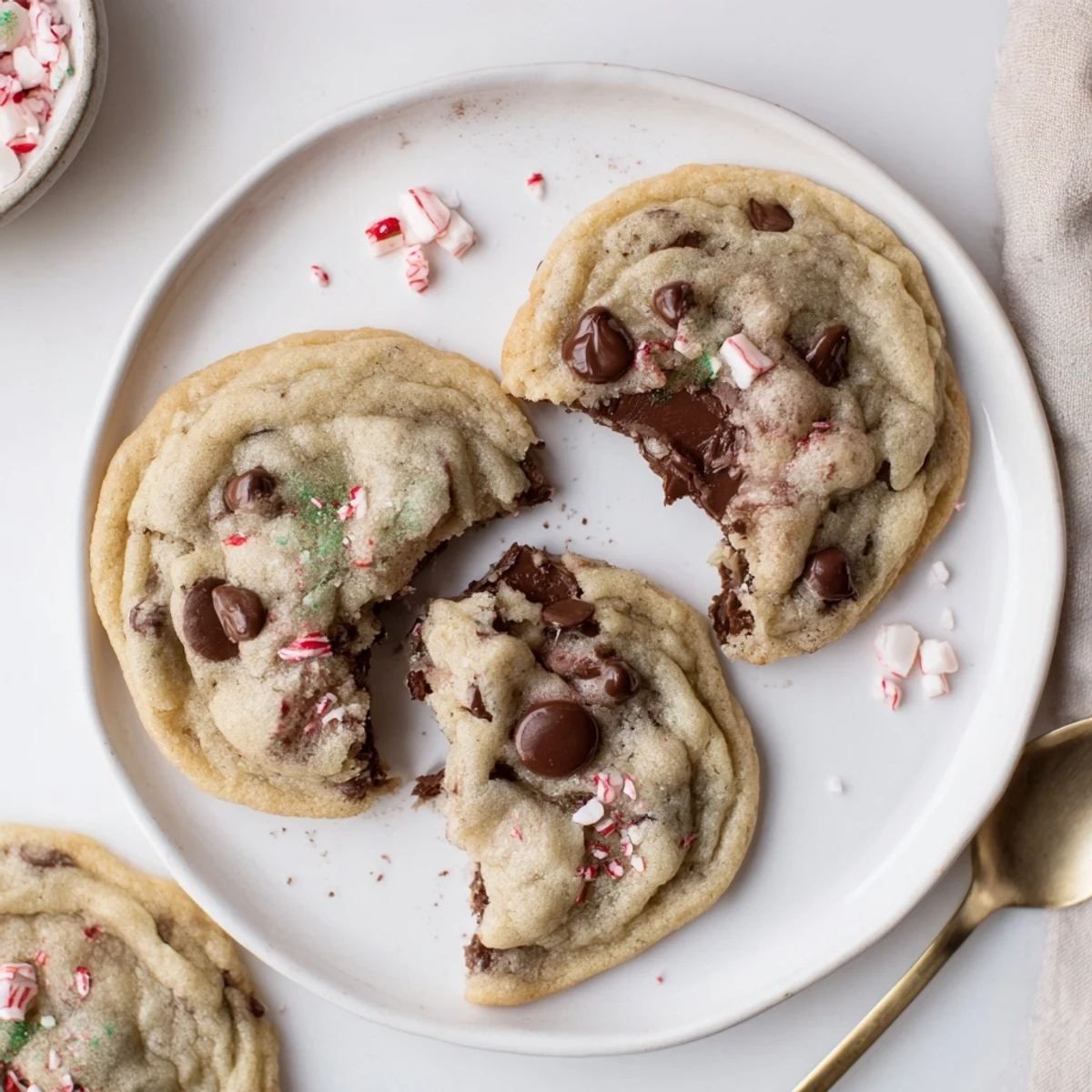 Warm Peppermint Chocolate Chip Cookies cooling on rack, gleaming chocolate and mint