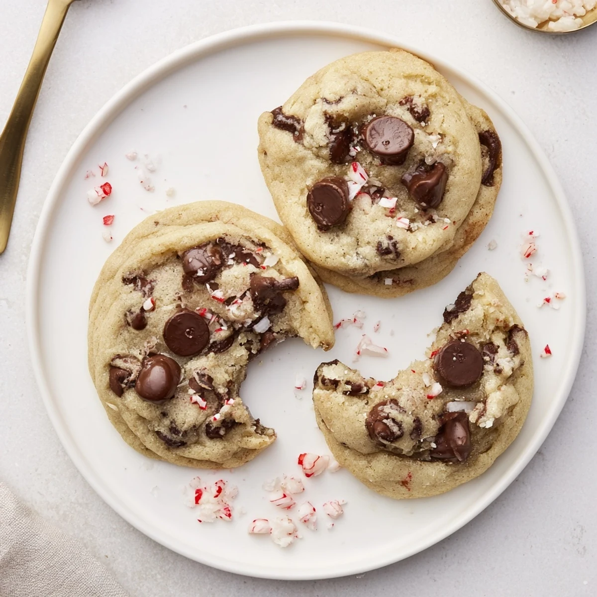 Stack of Peppermint Chocolate Chip Cookies beside hot cocoa, powdered peppermint garnish