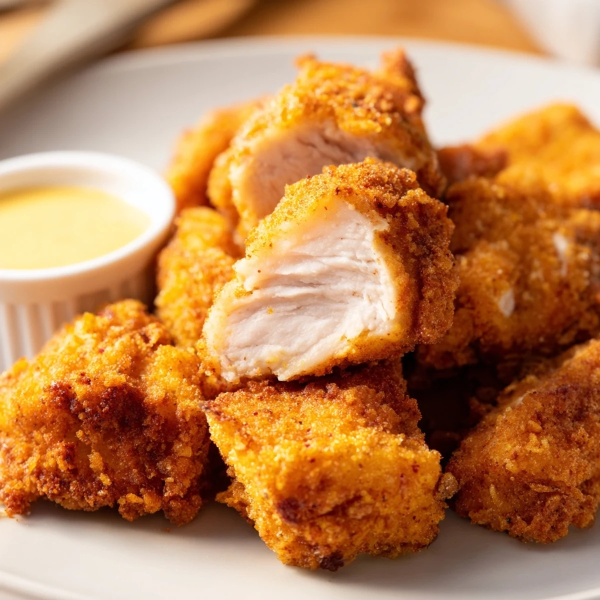 Crispy golden Chicken Bites piled on a plate with ranch.