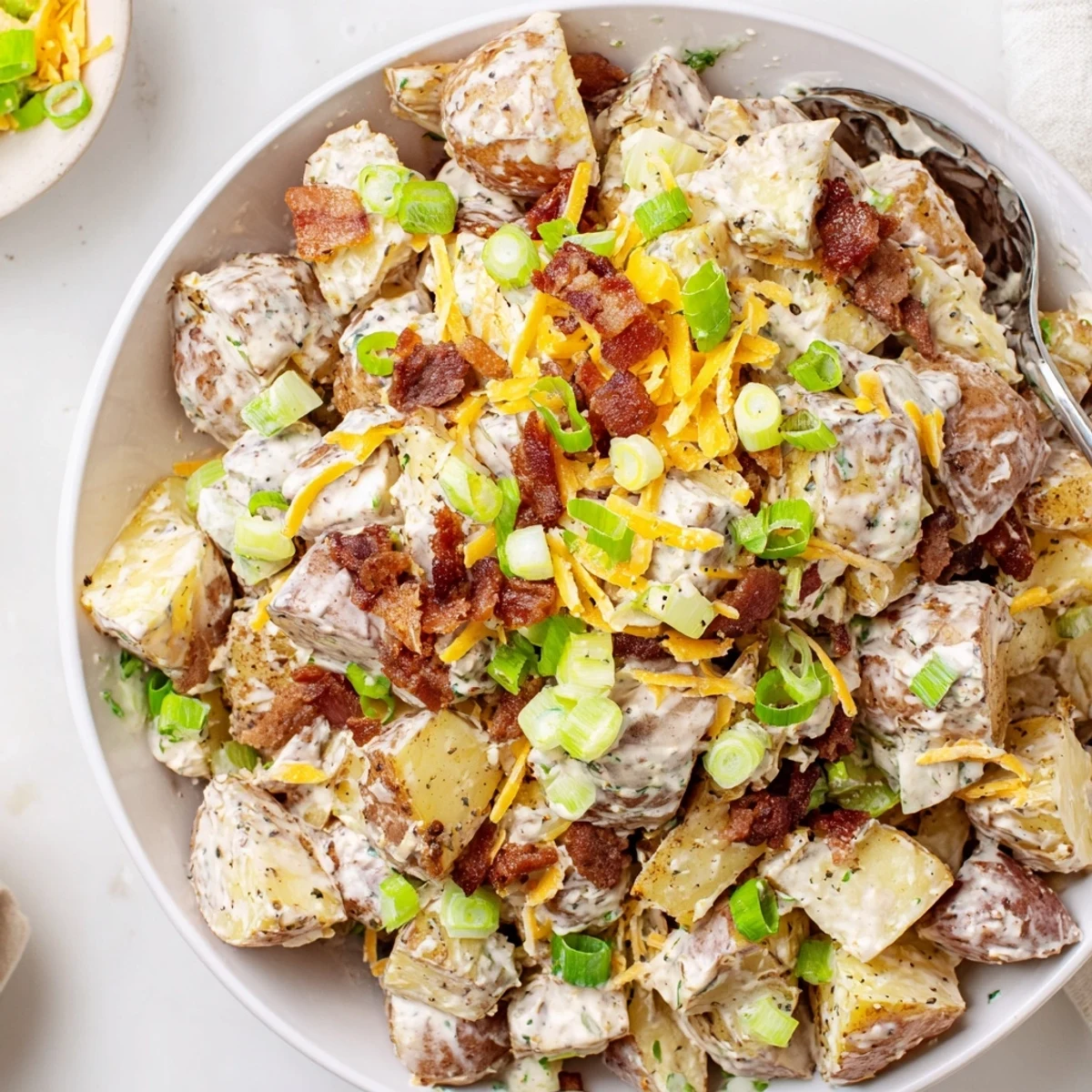 Beef Bacon Loaded Potato Salad piled high, creamy dressing, crispy bacon bits