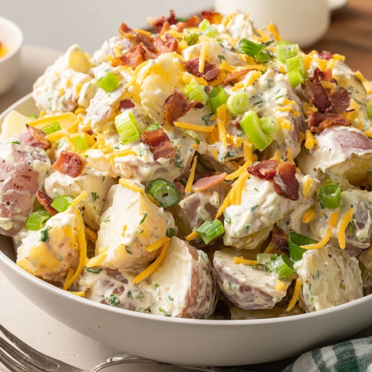 Chunky Beef Bacon Loaded Potato Salad with sharp cheddar, parsley, warm potatoes