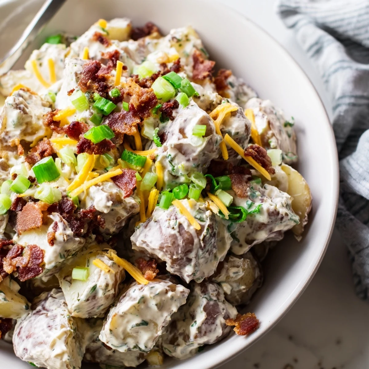 Family-style Beef Bacon Loaded Potato Salad garnished, cool and tangy, perfect potluck