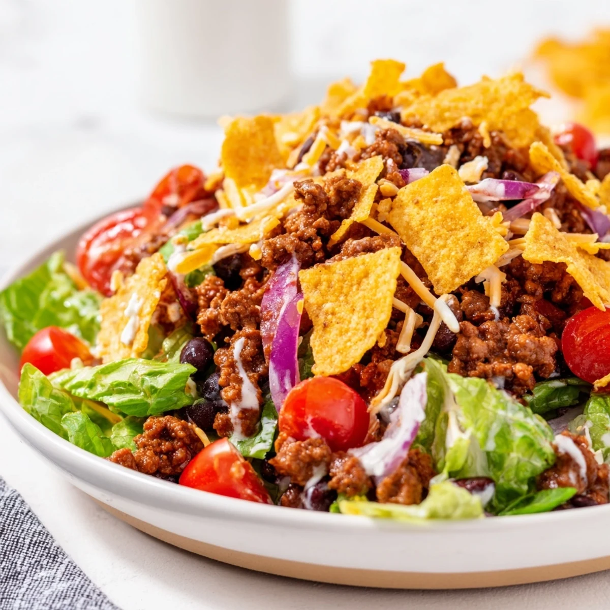 Simple Doritos Taco Salad served immediately, warm seasoned beef and crisp chips